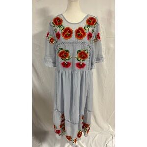 ASOS Light Blue Midi Dress with Red Floral Embroidery